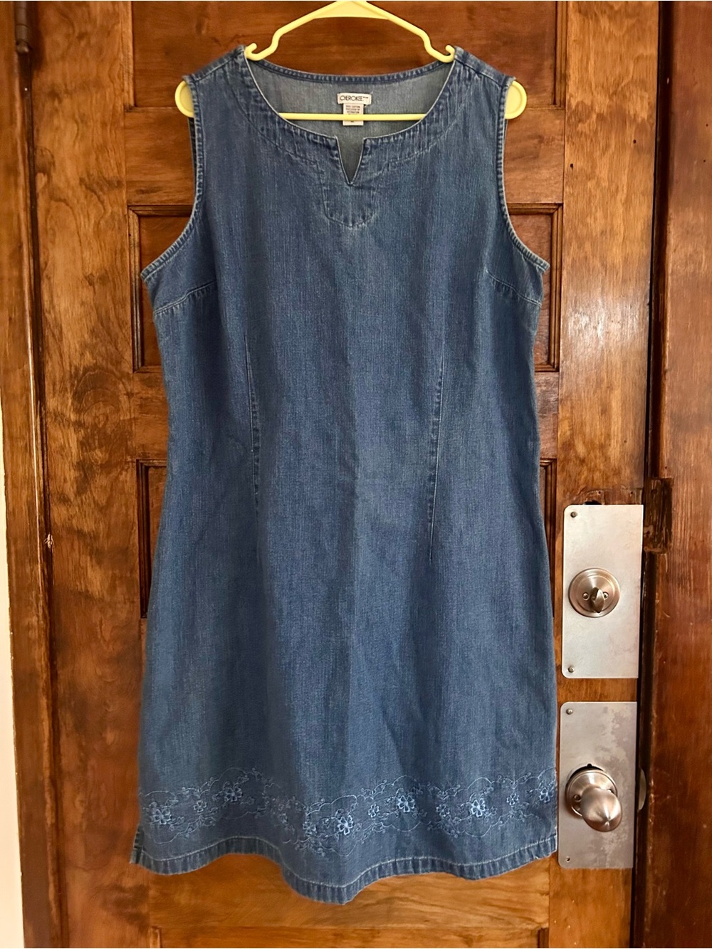 Vintage Cherokee Cotton Denim Sleeveless Dress With Floral Embroidery